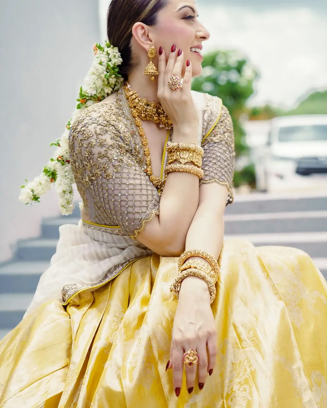 Hansika Motwani Wearing Beautiful Earrings Jewellery Yellow lehenga Choli